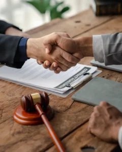 Stretta di mano dopo accordo legale con contratto firmato